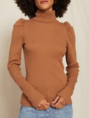 AMO Puff Sleeve Ribbed Turtleneck Sepia Brown Sz Small